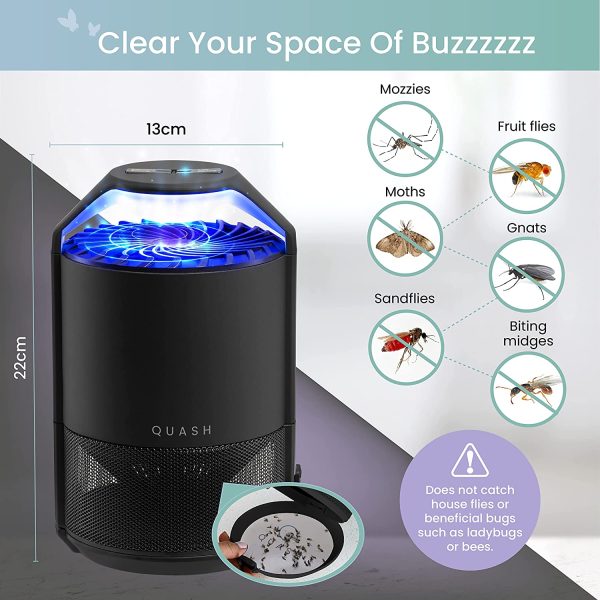 QUASH UV Light Bug Trap ?C Indoor, 2-Mode, Non-Zapper Insect Killer with USB Cable, AU Power Adapter, & 10 Glue Pads - Removes Gnats, Fruit Flies, Moths, Mozzies, & Sandflies, 13x14x22 cm, Midnight