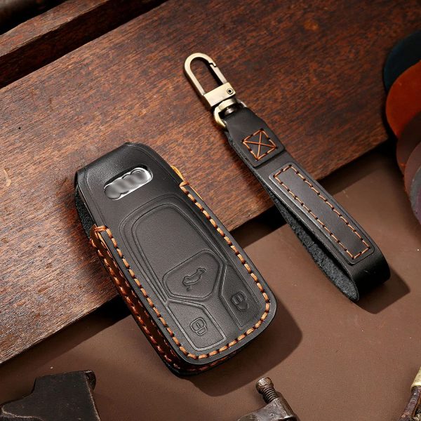 Key case fit for Audi A4 A5 Q7 Q5 TT TTS S4 S5 RS4 RS5 Leather Remote Key Fob Cover Keyring Accessories Key Shell Keychain Key Holder Protector Black A - Image 6