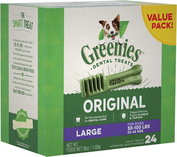 GREENIES Original Large Natural Dog Dental Care Chews Oral Health Dog Treats, 36 oz. Pack (24 Treats)