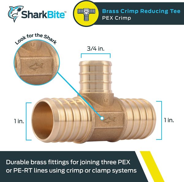 SharkBite 1 Inch x 1 Inch x 3/4 Inch Crimp Reducing Tee, Brass Plumbing Fitting, PEX Pipe, PE-RT, UC416LFA - Image 5