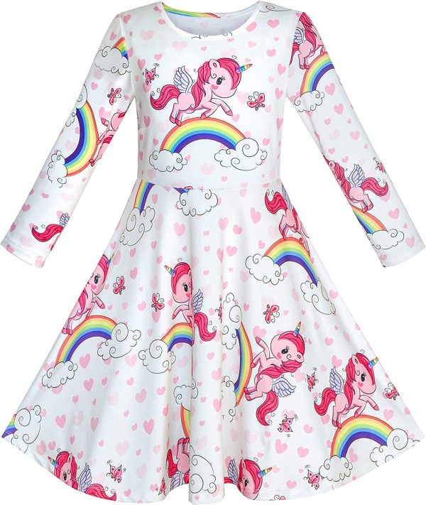 Sunny Fashion Girls Dress Unicorn Rainbow Long Sleeve Casual Dress Size 3-8 Years