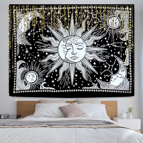 ICC Sun and Moon Tapestry Black White sun tapestry Wall Sheet Hanging Room Decor Bedroom Aesthetic Tapestries Mystic Art Ceiling Blanket Home Living Psychedelic Hanging Black 30 X 40 Inches - Image 6