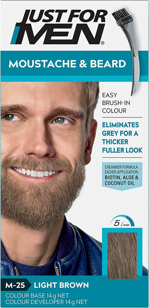 Just For Men Moustache & Beard, Beard Dye For Grey Hair With Brush Included, Eliminates Grey For A Thicker & Fuller Look - Colour: Light Brown, M-25 - Image 2