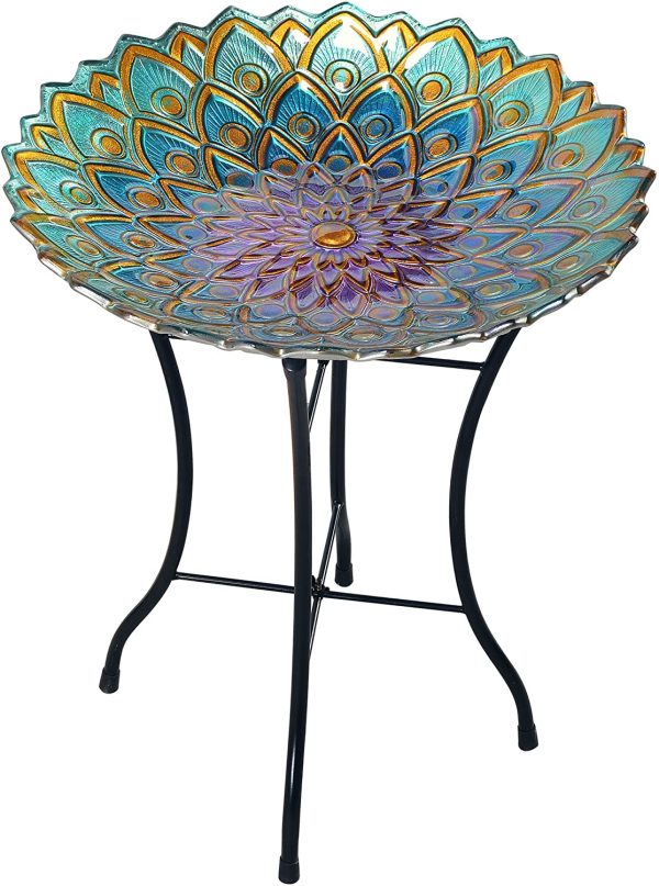 Peaktop 3014051 Birdbath Bowl Fountain Handpainted Mosaic Flower Fusion Glass Pedestal Bird Bath for Outdoor Patio Garden Backyard Decking D??cor, 21 inch Height, Blue and Purple, 21.2" - Image 4