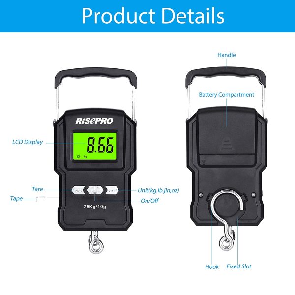 RISEPRO 75Kg / 165Lb Digital Fish Scale with 39 Inch Ruler Electronic Luggage Balance Fishing Postal Hanging Hook Scale - Image 5