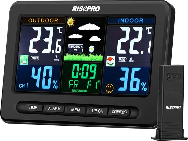 RISEPRO Wireless Weather Station with Outdoor Remote Sensor in/Out Temperature and Humidity Alarm Clock Calendar Weather Forecaster with Color LCD Display - Image 7