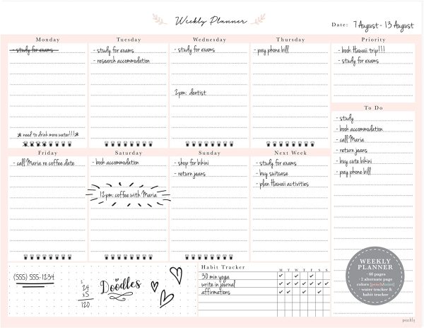 Desktop Weekly Planner Notepad | 60 Undated Tear-Off Pages | Schedule Daily To-Do Lists | Increase Your Productivity In Less Than 5 Minutes A Week | Achieve Your Goals | Peach and Mint Fern