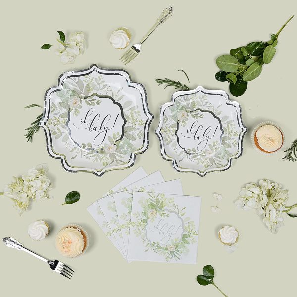 Sage Green "Oh Baby" Baby Shower Set | Stunning Real Silver Gold Foil | Serves 16 | Gender Neutral Baby Shower | Elegant Floral Baby Shower | Baby Shower Girl Decorations - Image 6