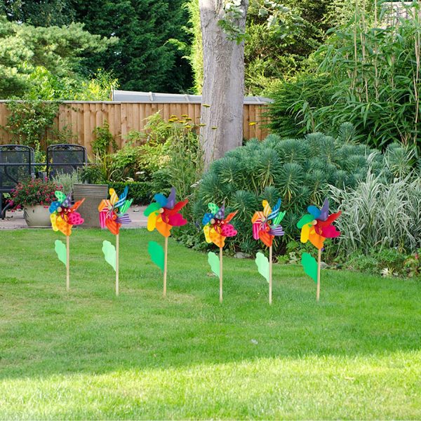 jojofuny Rainbow Flower Pinwheel 6pcs Colorful Garden Wind Spinners Kids Colorful Wind Wheels Toys Wood Stake Lawn Pinwheels Decorations Outdoor Yard Stakes - Image 4