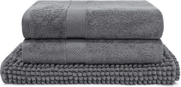 JustLINEN- Bath Towels Set- 3 Piece Luxury Bath Towel Sets with Bath Mat - 100% Combed Cotton 650GSM Durable & Absorbent, 2 Piece Bath Towels and 1 Piece Bath Mat -Charcoal - Image 6