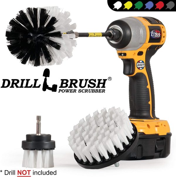 Drillbrush Car Washing & Detailing Power Brush Kit with Long-Reach Removable Extension. Includes Three Different Size Replaceable Soft White Scrubber Brushes. All Purpose Automotive Soft-White