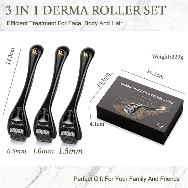 Derma Roller Microneedle FYL 3 Pack Derma Roller Kit (0.5mm/1.0mm/1.5mm) 540 Titanium Microneedling for Hair Loss Beard Growth Anti Ageing Skin Wrinkles Scar Body Stretch ((0.5mm+1.0mm+1.5mm)) - Image 4