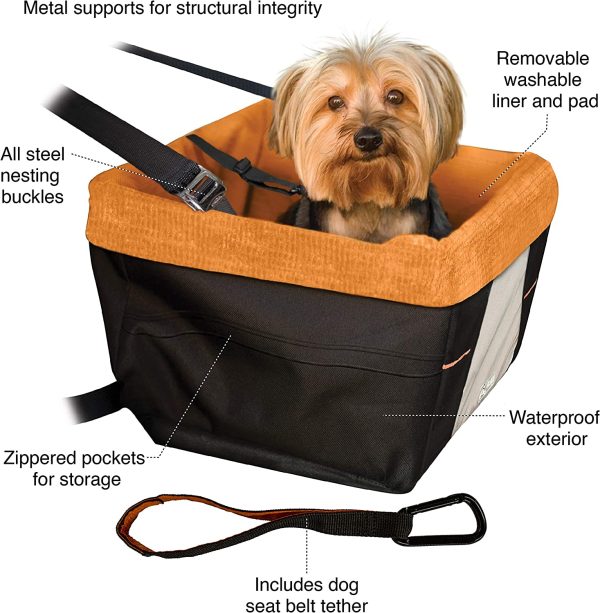 Kurgo Dog Booster Seats for Cars - Pet Car Seats for Small Dogs and Puppies Weighing Under 30 lbs - Headrest Mounted - Dog Car Seat Belt Tether Included - Skybox Style, Black/Orange