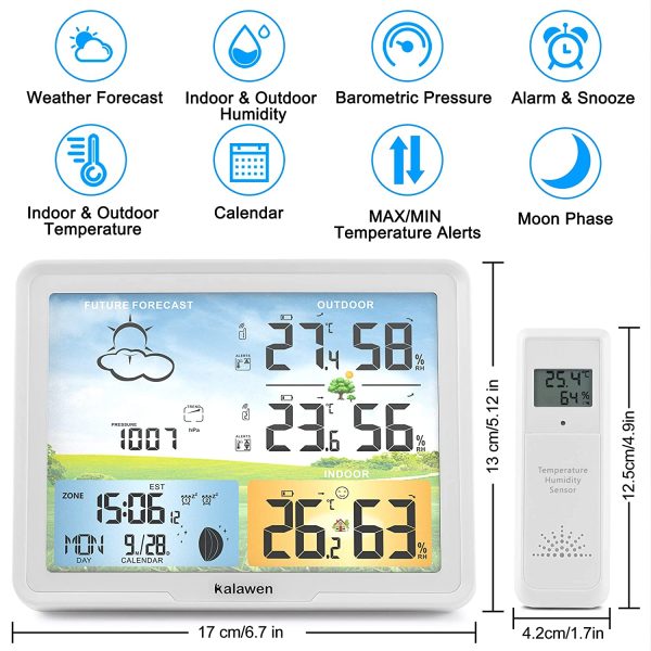 Kalawen Weather Station for Home with 2 Wireless Outdoor Sensor Digital Colour Weather Station Indoor Outdoor with Temperature Humidity Atomic Clock Forecast Station and Calendar - Image 4