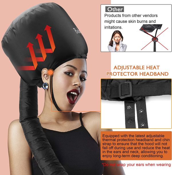 Bonnet Hair Dryer - Boloye Soft Bonnet Hood Hair Dryer Attachment with Heat Protector Headband to Reduces Heat Around Ears - Used for Curl, Hair Styling, Deep Conditioning and Hair Drying (Black) - Image 4