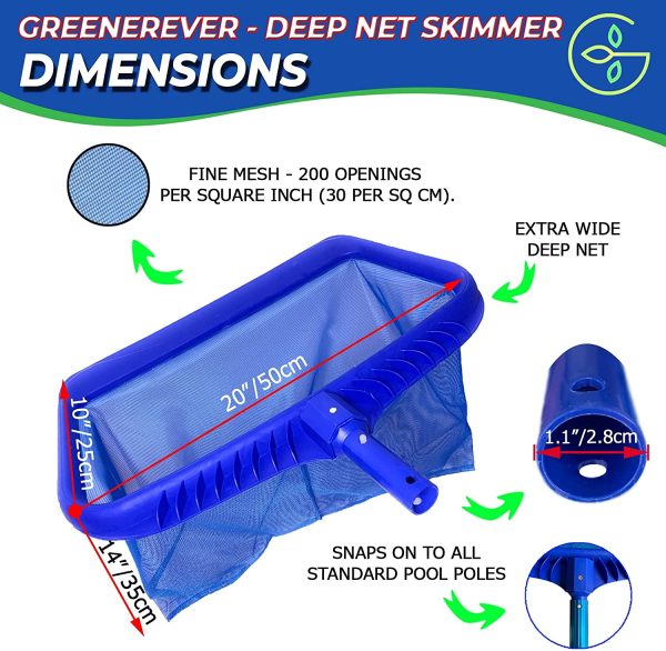 Greenerever Pool Skimmer Net 20" (50cm) Deep Bag |Heavy Duty Professional Leaf Cleaning Rake |Plastic Framed Fine Mesh Net |Easily Removes Leaves, Debris from Pools, Hot Tubs, Ponds and Fountains