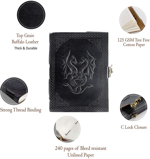 Handmade Leather Double Dragon Journal/Writing Notebook Diary/Bound Daily Notepad for Men & Women Unlined Paper Medium, Writing Pad Artist, Sketch 8 X 6 Black - Image 8