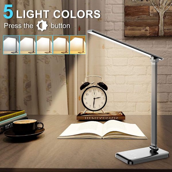 LED Desk Lamp with USB Charging Port, Dimmable Eye-Caring Table Lamp with 5 Color Modes & 10 Brightness Levels, Auto Timer, Memory Function, Touch Control Task Lamp for Work Home Office Study(Black)