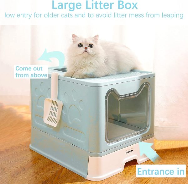 Cat Litter Box Large Pan - Foldable Top Exit Pet Boxes with Entry Lid, Plastic Cleaning Scoop,Cat Nail Clippers,Portable Cats Bowl (Blue) - Image 2