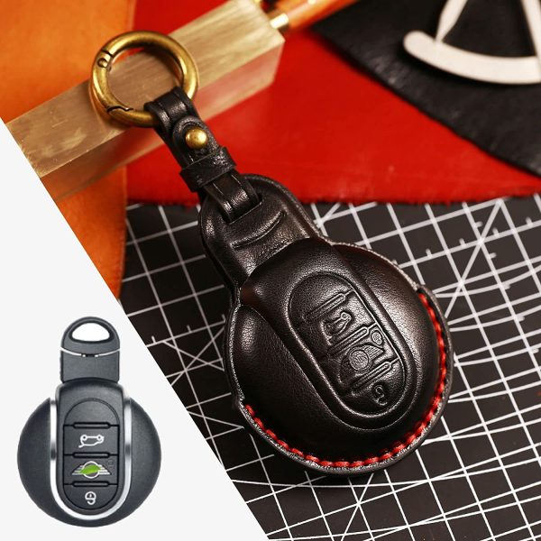 Car Key Fob Cover Fit for Mini Cooper F54 Clubman F55 F56 F57 F60 Countryman 3 Buttons Leather Key Case Keychain Keyring Key Holder Key Shell Keyless Protective Accessories Black - Image 3