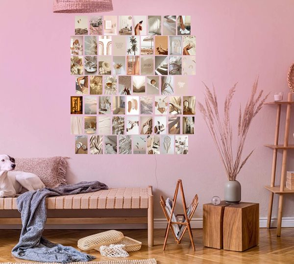 Btaidi 60 Pcs Beige Boho Wall Collage Kit Aesthetic Pictures, Cream Decor Boho Aesthetic Photos ,Wall Decor Posters for Girls Bedroom Wall, Dorm Room Photo Collage Kit Wall Decor 4x6 Inches - Image 3