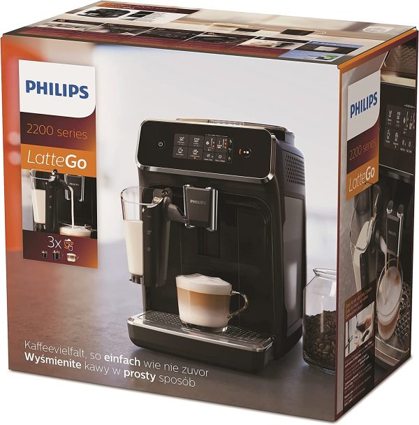 PHILIPS 2200 LatteGo Fully Automatic Espresso Coffee Machine: 3 beverage capability, touch display, 12-step grinder levels, 3 aroma settings and durable ceramic grinders, Black, EP2231/40 - Image 3