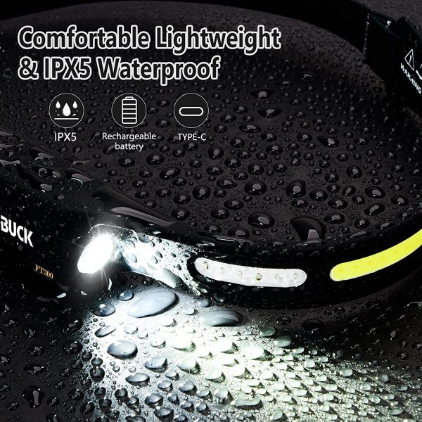 LED Lightweight Headlamp with unique 230 degree wide angle Design Illumination Waterproof Headlight, Wave Induction 350 Lumens Rechargeable Night Run Headlamp for Outdoors Fishing Hiking Running Camping Repairing Cycling