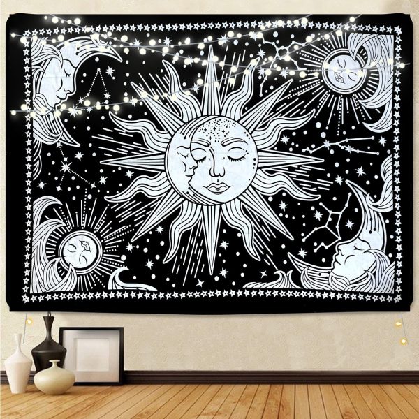 ICC Sun and Moon Tapestry Black White sun tapestry Wall Sheet Hanging Room Decor Bedroom Aesthetic Tapestries Mystic Art Ceiling Blanket Home Living Psychedelic Hanging Black 30 X 40 Inches - Image 2