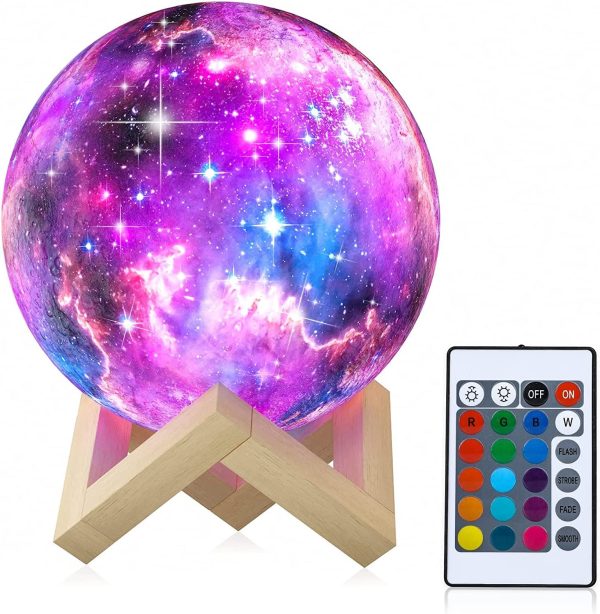 Moon Lamp Night Light Kids Galaxy Lamp 16 Colors LED 3D Star Moon Light with Wood Stand, Remote & Touch Control 14cm USB Rechargeable Baby Girls Boys Birthday Gift - Image 2