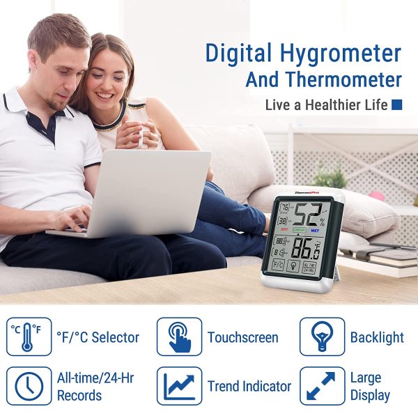 ThermoPro TP55 Digital Hygrometer Indoor Thermometer Humidity Gauge with Jumbo Touchscreen and Backlight Temperature Humidity Monitor - Image 4