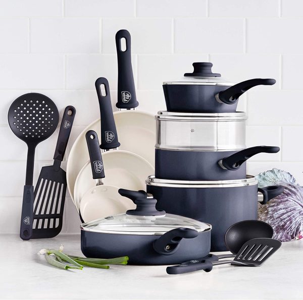 Soft Grip Healthy Ceramic Nonstick, 16 pc Cookware Pots and Pans Set, PFAS-Free, Dishwasher Safe, Black & Cream - Image 3