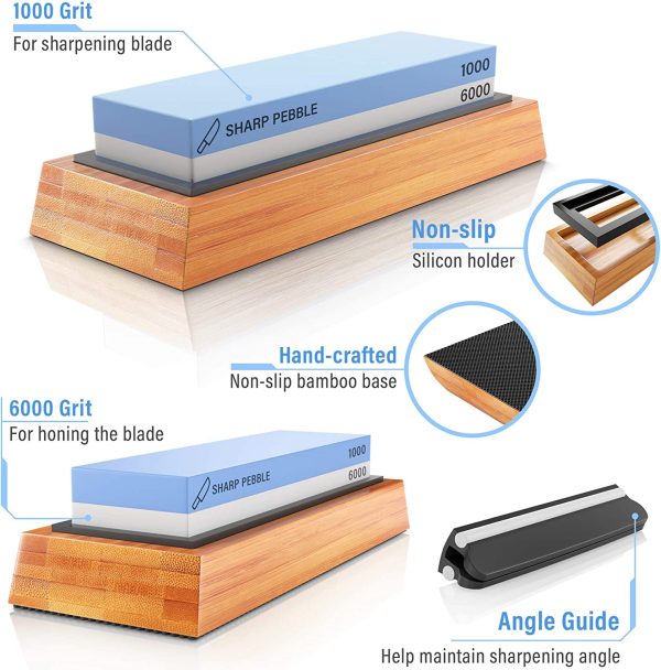 Sharp Pebble Premium Whetstone Knife Sharpening Stone 2 Side Grit 1000/6000 Waterstone- Whetstone Knife Sharpener- NonSlip Bamboo Base & Angle Guide - Image 4