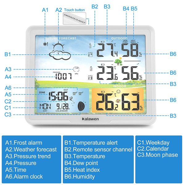 Kalawen Weather Station for Home with 2 Wireless Outdoor Sensor Digital Colour Weather Station Indoor Outdoor with Temperature Humidity Atomic Clock Forecast Station and Calendar - Image 7