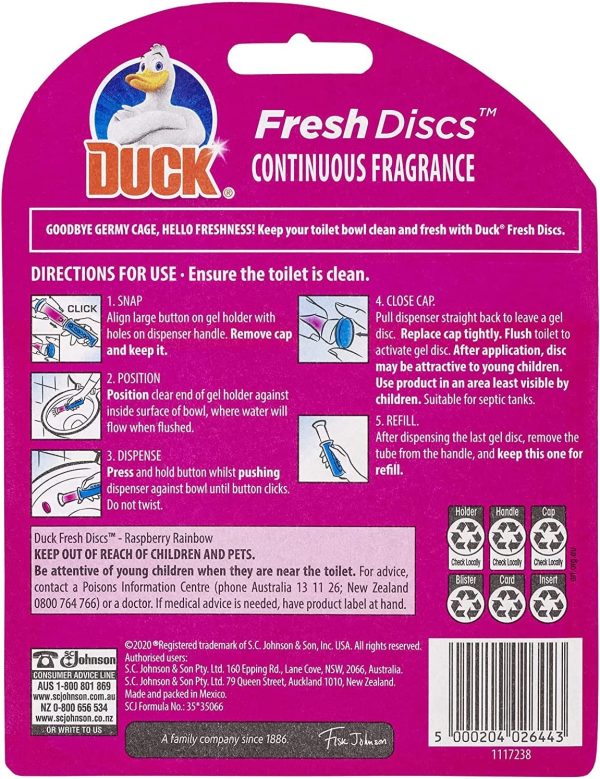 DUCK Toilet Cleaner, Fresh Discs Dispenser plus 1 Refill, Cleans & Freshens your Toilet Bowl, Limited Edition Raspberry Rainbow Scent, 36ml Tube (6 Gel Discs) (Pack of 4)