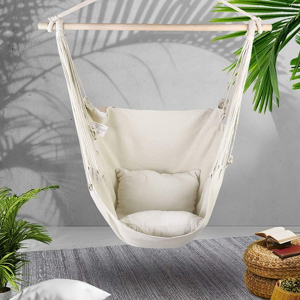 Garden Hammock Chair Hanging Rope Swing, Max 120kg Capacity, 2 Seat Cushions Included, Hanging Chair for Bedroom Living Room Porch Patio Garden Indoor Outdoor-Cream - Image 7