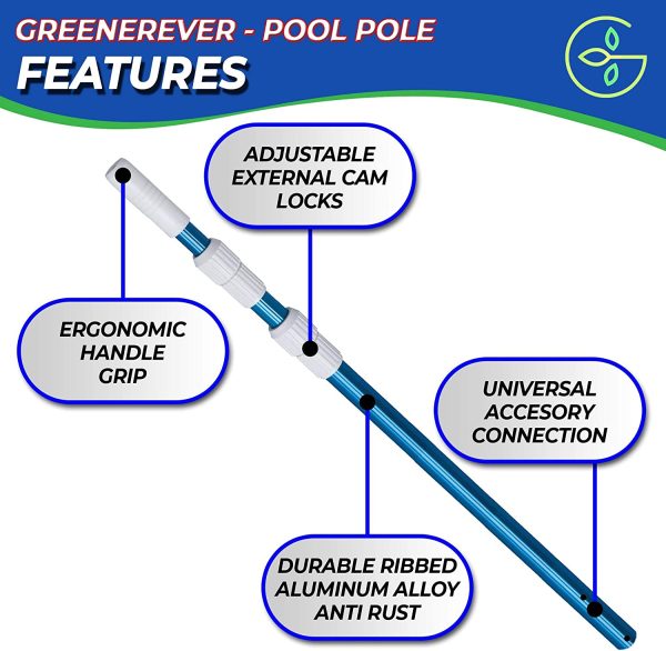 Greenerever 270 cm Swimming Pool Pole Telescopic Aluminum Rod for Skimmer Nets Vacuum Heads with Hoses Rakes Brushes | Adjustable Length | 1.1 mm Commercial Thick Pole | Ribbed Finish Blue - Image 4