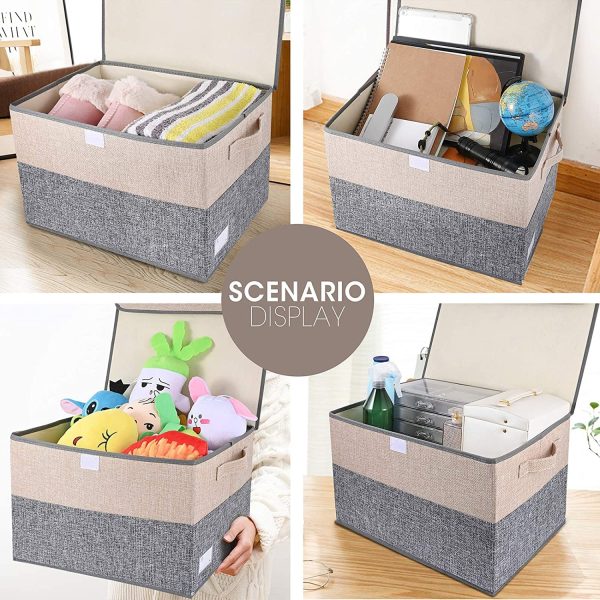 Storage Bins with Lids set of 3 Foldable Storage Boxes with Lids Storage Baskets Storage Containers Organizers with for Toys,Clothes and Books (15.7 x 11 x 9.8 inches, Grey and Beige) (2PCS) - Image 2