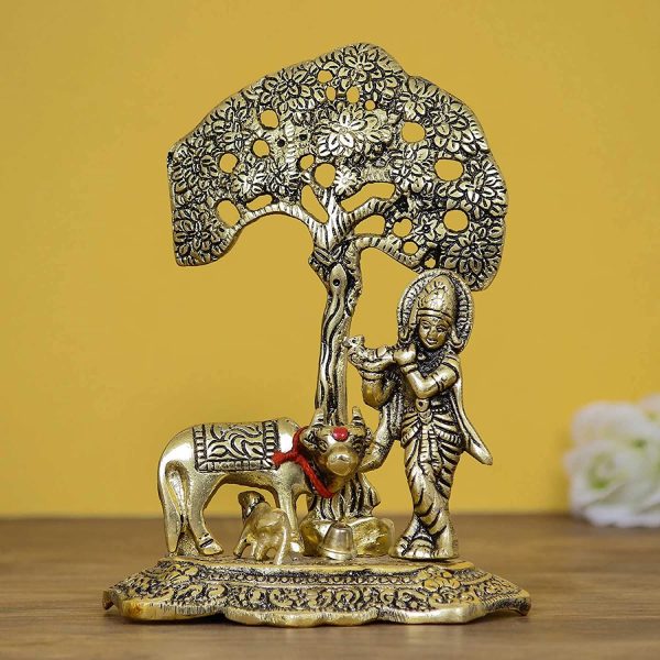 Tied Ribbons Lord Krishna with Cow and Calf Under Tree Idol Brass Murti- Home Decoration Item and Home Gifts