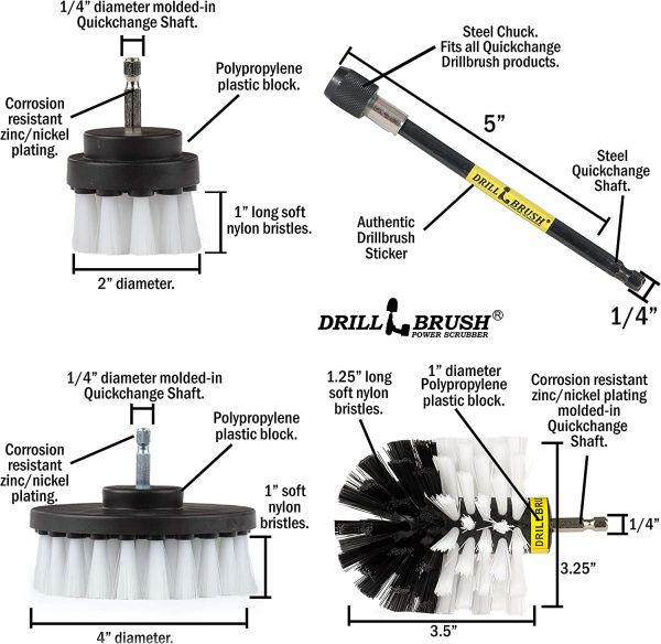 Drillbrush Car Washing & Detailing Power Brush Kit with Long-Reach Removable Extension. Includes Three Different Size Replaceable Soft White Scrubber Brushes. All Purpose Automotive Soft-White - Image 6