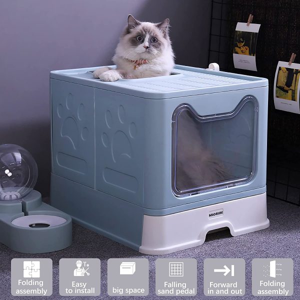 Cat Litter Box Large Pan - Foldable Top Exit Pet Boxes with Entry Lid, Plastic Cleaning Scoop,Cat Nail Clippers,Portable Cats Bowl (Blue)