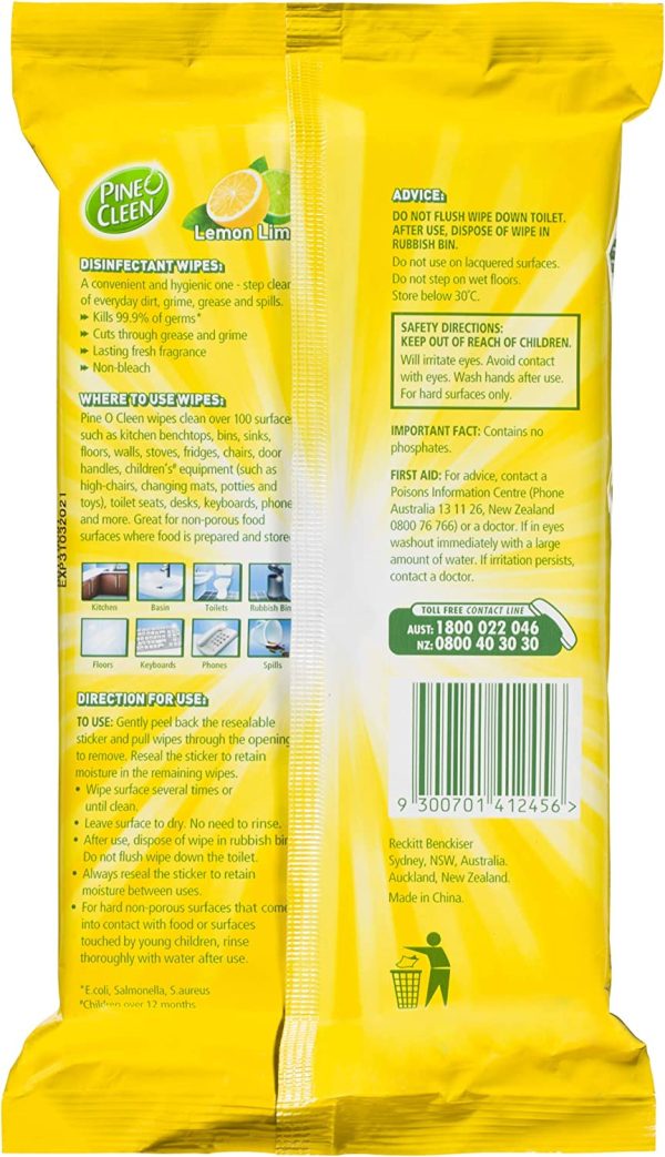 Pine O Cleen Antibacterial Disinfectant Wipes, Lemon Lime Burst, 45 Wipes