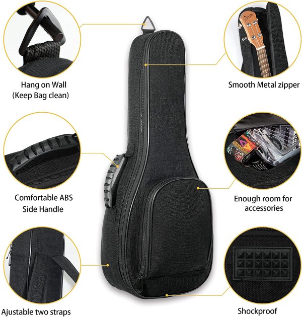 Deviser ukulele case 12MM Thick Padding ABS Handles ukelele case linen fabric 21 inch Soprano ukulele gig bag with Felt picks Black