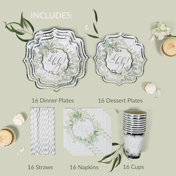 Sage Green "Oh Baby" Baby Shower Set | Stunning Real Silver Gold Foil | Serves 16 | Gender Neutral Baby Shower | Elegant Floral Baby Shower | Baby Shower Girl Decorations