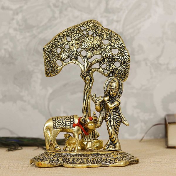 Tied Ribbons Lord Krishna with Cow and Calf Under Tree Idol Brass Murti- Home Decoration Item and Home Gifts - Image 6