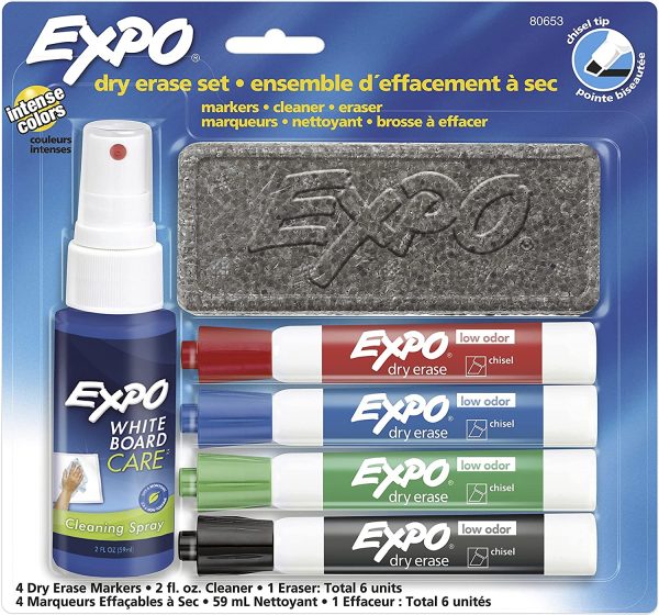 EXPO Dry Erase Marker Starter Set, Chisel Tip, Assorted, Whiteboard Eraser, Cleaning Spray, 6 Count - Image 7