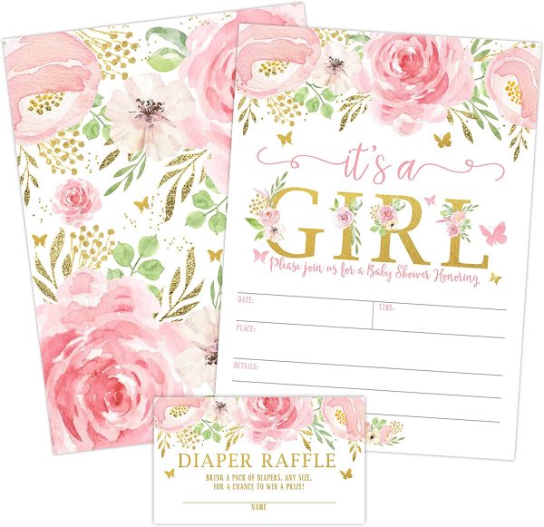 It's a Girl Floral Butterfly Baby Shower Invitation, Pink and Gold Flowers Sprinkle Invites with Diaper Raffle Ticket Cards, 20 Count with Envelopes - Image 2