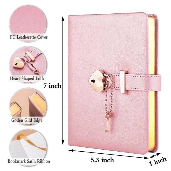 CAGIE Heart-Shaped Lock Diary with Key, Pink Diary with Lock for Girls, B6 Leather Notebook Locking Journals for Women, 5.3 x 7 Inch, Gold Gilded Edges - Image 2