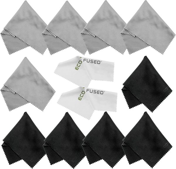 Microfiber Cleaning Cloths - 10 Cloths and 2 White Cloths - Ideal for Cleaning Glasses, Camera Lenses, Tablets, iPhone, Android Phones, LCD Screens 5 Black + 5 Grey