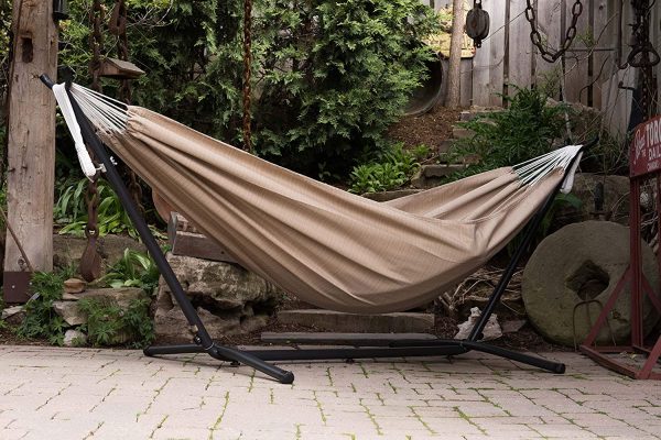 Vivere Double Sunbrella? Hammock with Space Saving Steel Stand, Sand (450 lb Capacity - Premium Carry Bag Included)