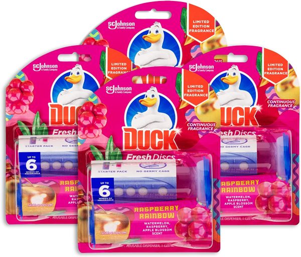 DUCK Toilet Cleaner, Fresh Discs Dispenser plus 1 Refill, Cleans & Freshens your Toilet Bowl, Limited Edition Raspberry Rainbow Scent, 36ml Tube (6 Gel Discs) (Pack of 4) - Image 2